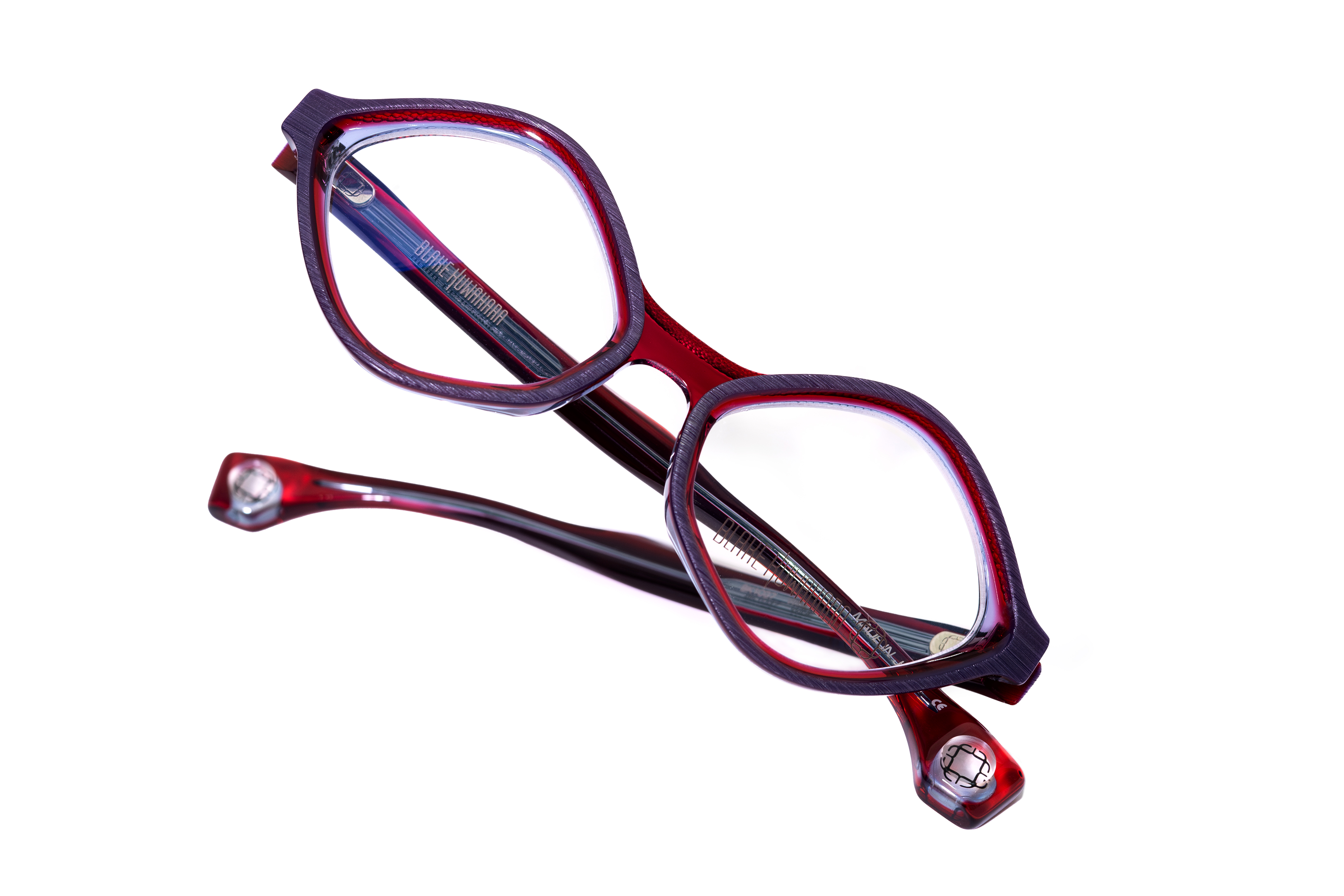 Burgundy geometric eyeglass frames with modern styling